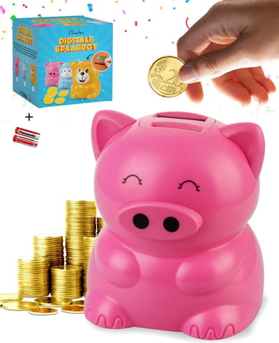 Huntex Digitale Spaarpot Varken Met Muntenteller - 1,75 Liter - Geschikt Voor Euro's - Spaarpot Voor Jongen En Meisje - Met Teller - Met Slot - Elektrische Spaarpot - Spaarvarken - Educatief Speelgoed - Volwassenen