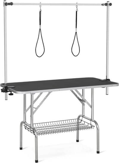 Honden trimtafel, inklapbare verzorgingstafel voor honden en katten, hoogteverstelbaar, met ondermand, zwart