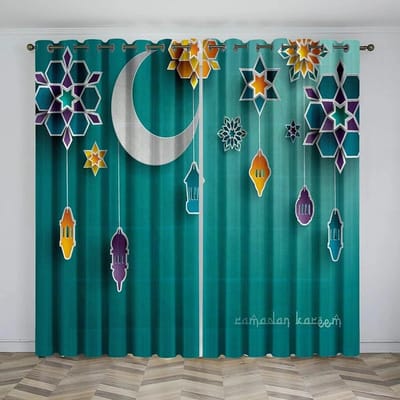 2 stuks Ramadan Moon Palace Hanglamp Bedrukt Doorschijnend Gordijn Woonkamer Slaapkamer Stang Zak Gordijn Voor Kantoor Thuis Decor W50xH130(CM)x2PCS-Grommet Top