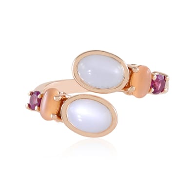 Cavill - Zilveren Ring met Witte en Perzikkleurige Maansteen 3.15 ct - 925 Sterling Zilver Rosé Verguld - Verstelbare Elegante Damesring met Rhodoliet