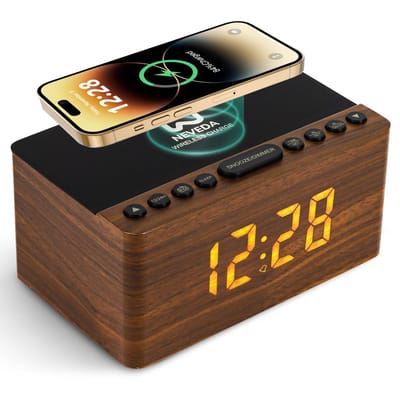 Neveda Digitale Wekkerradio Met Draadloze Oplader Telefoon - Wekkers digitaal op netstroom - Klokradio Slaapkamer - Voor kinderen & Volwassenen - Bruin hout