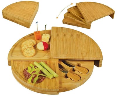 KZQ Snackschotel - Houten bord - Dinerbord - Kaasplank - Inclusief kaasmes - Opvouwbaar - Geschikt voor picknicks en familiebijeenkomsten