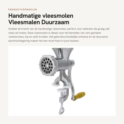 Dailygoods- Vleesmolen Handmatig - Aluminiumlegering - Ergonomische Grip - Eenvoudig te Reinigen - Geschikt voor Varkensvlees/Kip - Hoogwaardige Meskoppen - Vleesfabriek