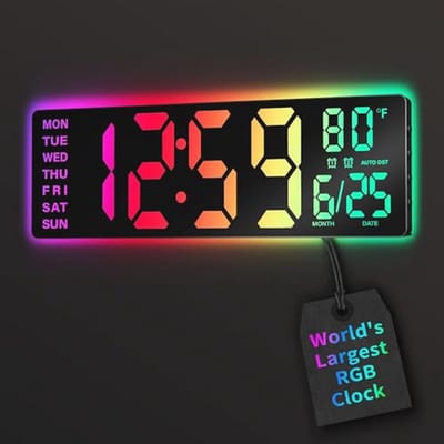 EASYERA 16,5 inch grote digitale wandklok met RGB-licht, dubbel alarm met grote LED-schermweergave, automatische DST, consumentenknoopcelbatterij