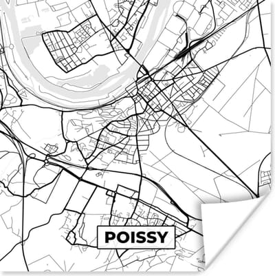 Poster Kaart - Stadskaart - Frankrijk - Poissy - Plattegrond - Zwart wit - 100x100 cm XXL