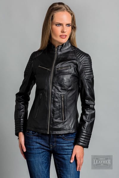 Urban 5884® - Angelina - Damesjas -Biker Model - Lams Leer - Soepel - Zwart - Getailleerd - Maat 5XL