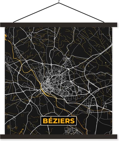 Posterhanger incl. Poster 60x60 cm - Schoolplaat - Plattegrond – Béziers – Stadskaart – Kaart – Frankrijk - Textielposter - Zwarte latten - Stadskaart
