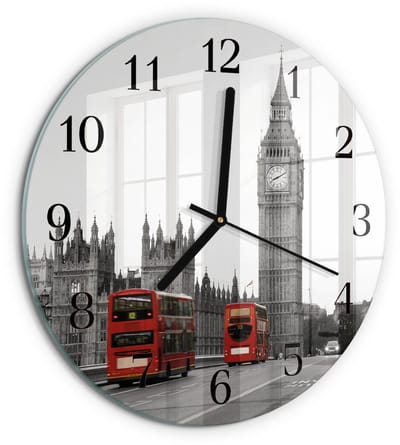 Tulup Wandklok - Londen Glazen Klok Met Print - 30fi cm - Rood Moderne Glazen Wandklok - Zwarte Handen - Ronde Wandklok - Gekleurde Glazen Klok - Glazen Klok Met Print