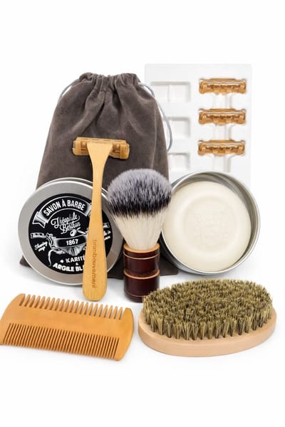 Duurzame Scheer & Verzorgingsset – Complete Grooming Kit met Bamboe Scheermes, Kwast, Zeep, Kam & Reisetui – Zero Waste Travel Set – Compact & Cadeau voor Hem
