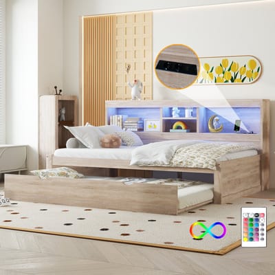 Bedbank - 90x200 cm - Daybed met Uitschuifbed - USB & LED-verlichting - Hout - Natuur