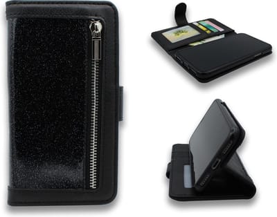 HB Hoesje Geschikt voor Apple iPhone 7 Plus & 8 Plus - Glitter - Zwart - Luxe Portemonnee Book Case met Rits