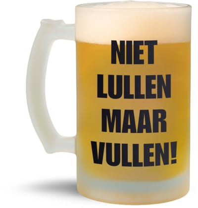 NietMokken.nl – Grappige bierpul – Niet lullen maar vullen – Glazen bierpul met matte afwerking – Leuk als cadeau voor bierliefhebbers – Bierpul 470 ml – Aan beide zijden bedrukt - Leuk voor papa - Leuk vaderdagcadeau