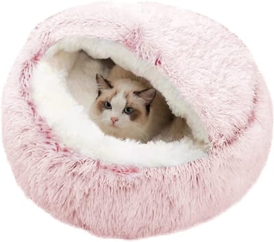 Kalmerend kattenbed, donutvormig knuffelnest, warm zacht pluche honden- / kattenkussen met gezellige spons, antislip bodem voor kleine, middelgrote huisdieren om te dutten of binnen te slapen (50cm-roze)