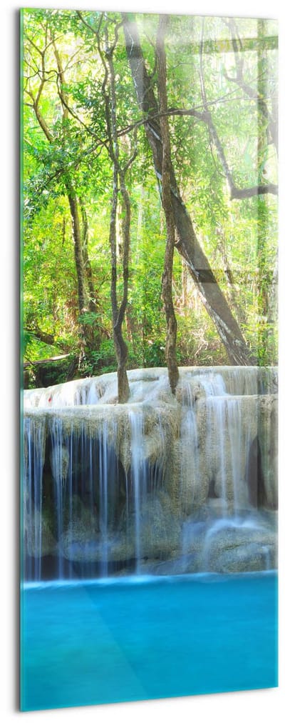 Wallfluent Glasschilderij - Landschap met een waterval in het bos Glas Schilderij - 50x125 cm - Groente Verticale Muurschildering - Landschap Foto Op Glas - Glas Foto - Foto In Glas