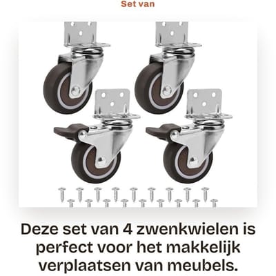Dailygoods- Meubelwielen 50 mm - Zwenkwielen set van 4 - Zware wielen met rem - Draagvermogen 120 kg - L-vormige montageplaat - Stabiele en duurzame structuur