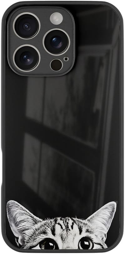 Hoesje geschikt voor Apple iPhone 16 Pro - Kat kiekeboe - Zwart - TPU luxe case (glossy toplaag) - Print - Hardcase backcover zwart