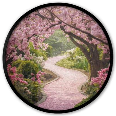 Poster in lijst Rond - Fotolijst 40x40 cm - Posters - Kersenbloesem - Natuur - Sakura - Pad - Japanse tuin - Ronde posterlijst zwart - Decoratie - Wanddecoratie woonkamer - Muurdecoratie slaapkamer