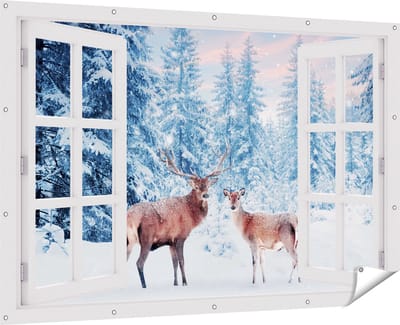 Gards Tuinposter Doorkijk Twee Herten in het Bos met Sneeuw - 180x120 cm - Tuindoek - Tuindecoratie - Wanddecoratie buiten - Tuinschilderij