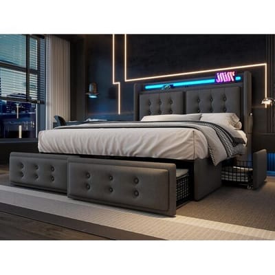 ModernLuxe Volwassen bed 180x200cm in linnenstof - met LED en oplaadpoorten - 4 laden - Grijs