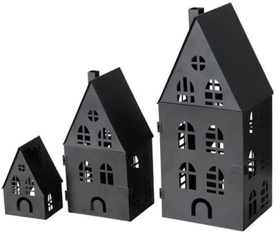 Boltze - Waxine Huisjes - Huisjes - Lantaarn huisjes - set van 3 - Metaal - Zwart - 37, 25 en 15cm hoog