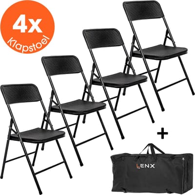 Lenx 4 Delige Klapstoelenset – Inclusief Stoelentas - Vouwstoelenset - Zware Kwaliteit - Weersbestending - Rattan design - Zwart