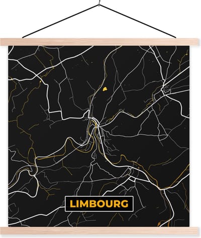 Posterhanger incl. Poster 40x40 cm - Schoolplaat - Stadskaart - Gold - Limburg - Plattegrond - Kaart - Textielposter - Blanke latten - Stadskaart