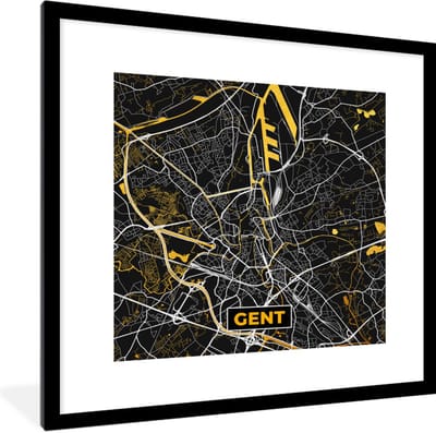 Fotolijst incl. Poster - Kaart - Gold - Plattegrond - Gent - Stadskaart - 40x40 cm - Posterlijst