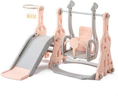 4-in-1 Glijbaan en Schommel voor Kinderen - Speeltoestel voor Binnen en Buiten met Klimfunctie en Basketbalmand