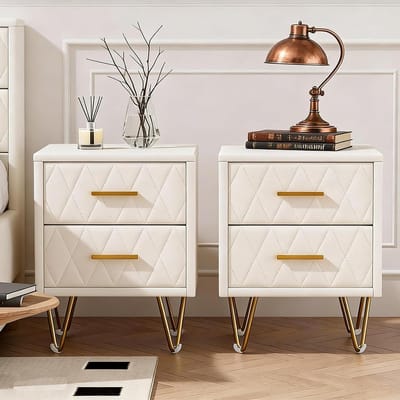 Nachtkastje, 2 stuks, nachtkastje met 2 laden, oppervlak van leer, bijzettafel met poten en handgrepen van metaal, voor slaapkamer, woonkamer, 41 x 35,5 x 51 cm (beige PU + 2 laden, 2 stuks)