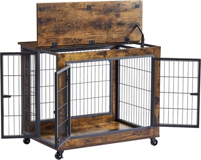 Hondenbench meubel - Houten bench - Kamerkennel - Hondenhok - Wielen - Opklapbaar dak - Dubbele deuren - Gaas - Woonkamer - 80x56x69,5cm - Verrijdbaar - Vintage bruin
