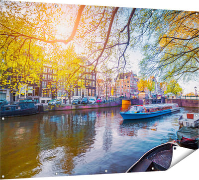 Gards Tuinposter Amsterdamse Gracht tijdens het Voorjaar - 160x120 cm - Tuindoek - Tuindecoratie - Wanddecoratie buiten - Tuinschilderij