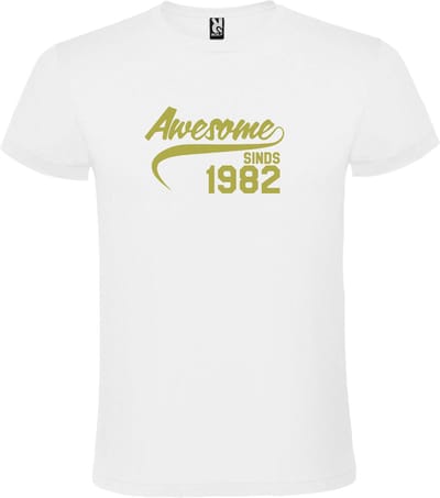 Wit T-shirt ‘Awesome Sinds 1982’ Goud Maat XS