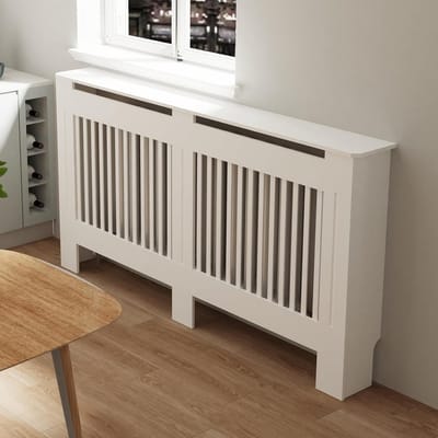 Radiatorhoes Hoge Kast - Moderne Kachel Omhulsel - Woonkamer Decoratie - Verticale Lamellen Design - 100cm Hoog - Wit