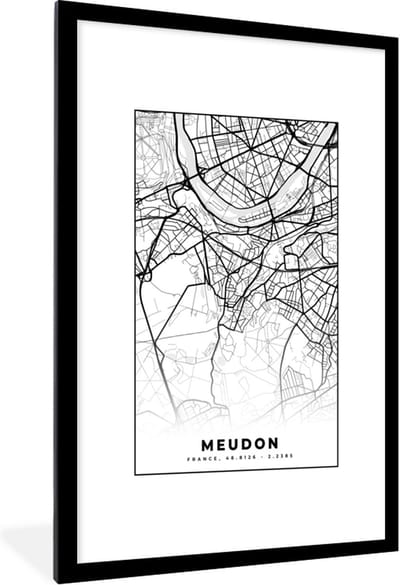 Fotolijst incl. Poster Zwart Wit- Stadskaart - Plattegrond - Kaart - Frankrijk - Meudon - Zwart wit - 80x120 cm - Posterlijst