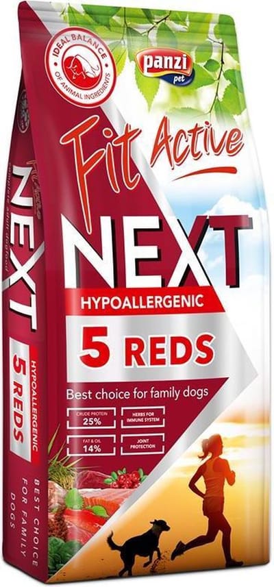Fit Active Next 5 Reds – Graanvrij hypoallergeen hondenvoer – Hondenbrokken met rund, lam, wild, buffel en zalm – 15kg