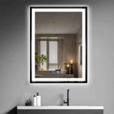 Puluomis Badkamerspiegel - 60x80cm - Rechthoekig Zwart Metalen Frame - LED-verlichting - Tijd- en Temperatuurweergave - Ontwaseming