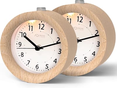 Wekker analoog zonder tikken, 2 stuks, wekker hout met snooze, nachtkastje tafelklok met nachtlampje, werkt op batterijen
