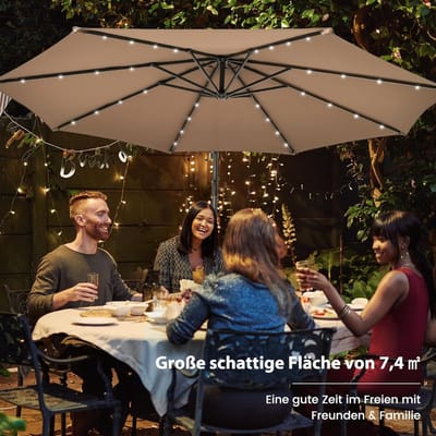 Zweefparasol 300 cm met 40 LED Solar Verlichting, Kantelbaar & 360° Schaduw, Inclusief Standaard en Zandzakken, UV-Bescherming, Waterafstotend, Bruin – Nicolehome