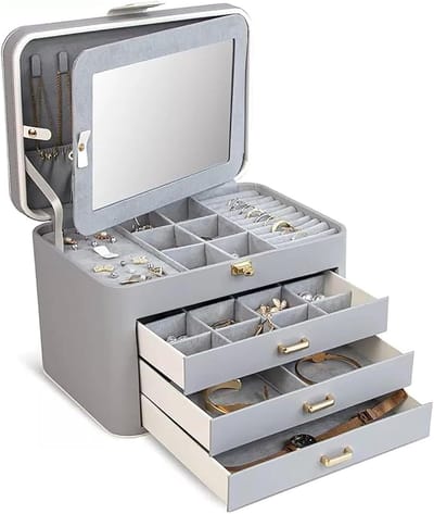 Sieradenorganizer Kast - Sieradendoos Met Spiegel - Sieraden Opbergen - Verstelbare Lades - 3 Lades - Grijs