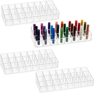 4 stuks plastic lippenstift organizer met 24 sleuven - make-up houder voor lippenstift en lipgloss, cosmetische vitrine en lade organizer voor ijdelheid en huisdecoratie, 9 x 2 x 3,5 cm
