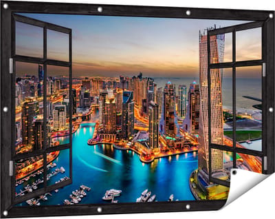 Gards Tuinposter Doorkijk Dubai Haven met de Stad - 120x80 cm - Tuindoek - Tuindecoratie - Wanddecoratie buiten - Tuinschilderij
