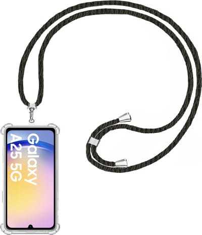 Telefoonkoord + Hoesje Geschikt voor Samsung Galaxy A25 - Lengte Verstelbaar - Telefoonketting - Shock Proof Case - Zwart