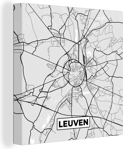 Canvas Schilderij Stadskaart – Zwart Wit - Kaart – Leuven – België – Plattegrond - 20x20 cm - Wanddecoratie