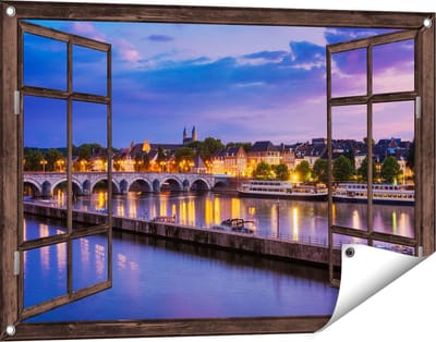 Gards Tuinposter Doorkijk Maastricht Maas Rivier bij de Sint Servaasbrug - 90x60 cm - Tuindoek - Tuindecoratie - Wanddecoratie buiten - Tuinschilderij