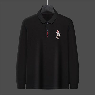 Polo brodé pour hommes, couleur unie, automne, nouveau revers, t-shirt à manches longues pour personnes d'âge moyen L black