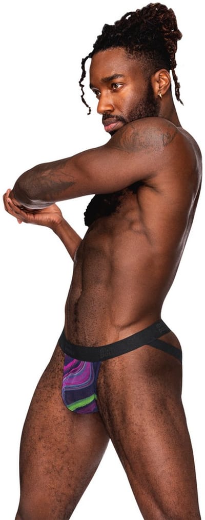 Male Power Sexy Strappy Jock met Zwarte penisring - S/M - Galactische Swirl - Paars
