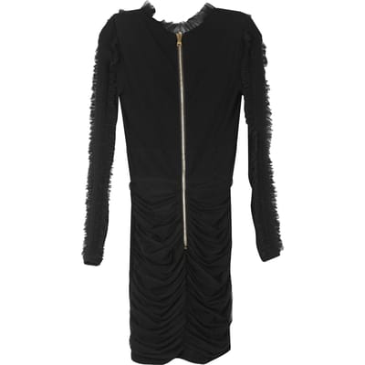 Balmain Zwarte Viscose Met Rimpelige Tule Accentuerende V-Hals Lange Mouwen Mini Jurk