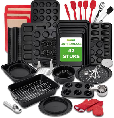 NutriChef 42-Delige Bakset - Antiaanbak Bakvormenset van Koolstofstaal - Inclusief Bakplaten, Keukentools, Ovenwanten & Meer Alles-in-één Set voor Bakkers