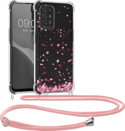 kwmobile telefoonhoesje geschikt voor Oppo A94 (5G) - Hoesje met telefoonkoord - Back cover voor smartphone - Case in poederroze / donkerbruin / transparant