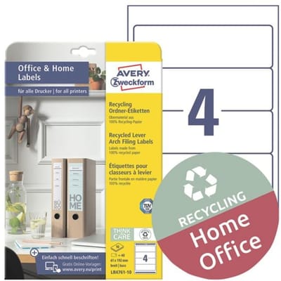 Avery® Zweckform Folder Etiketten LR4761, voor brede mappen (kort), printer-veilig, gerecycled papier, rechthoekig, natuurlijk wit, 40 stuks op 10 vel